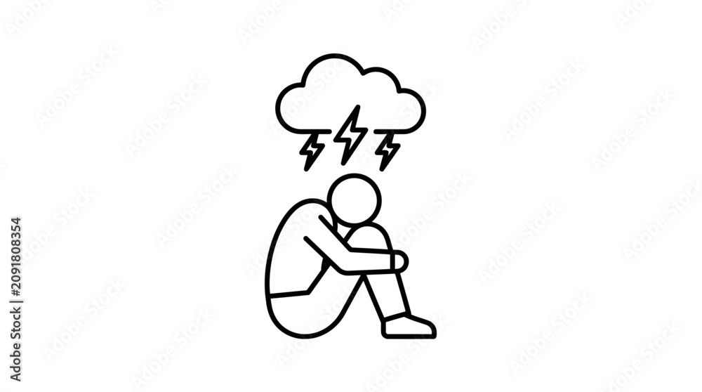 Fototapeta premium Depression concept line art icon of person with storm cloud