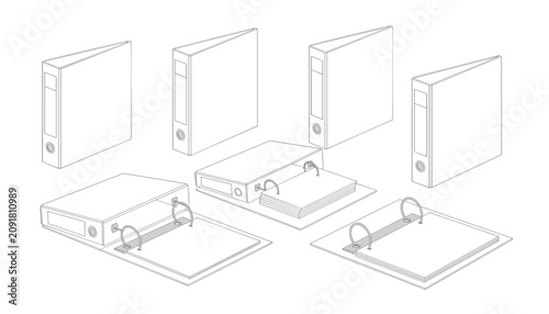 Minimalist line drawings of office ring binders and document folders shown from various angles on a white background.