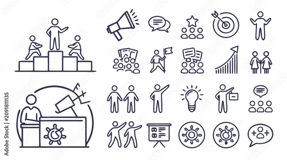 Fototapeta premium Leadership and teamwork vector icon set with podium megaphone target chat idea and people network symbols