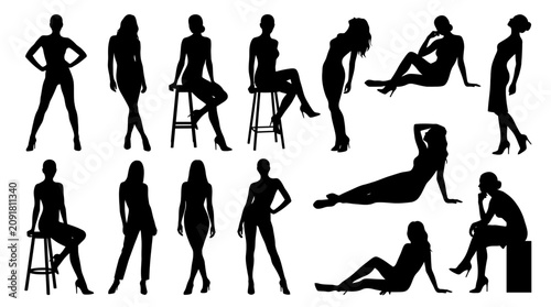Woman Silhouettes Set, Fashion Model Poses Vector Illustration