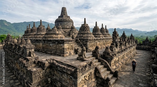 Borobudur Temple Stupas and Mountains.