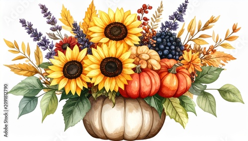 Colorful autumn bouquet with sunflowers and berries in glass vase.