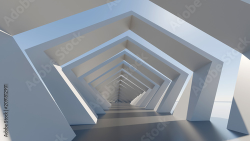 Fotografie Abstract 3D render of a futuristic white pentagonal tunnel with repeating geomet