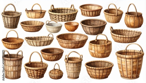 Assortment of wooden barrels and buckets in vintage style.