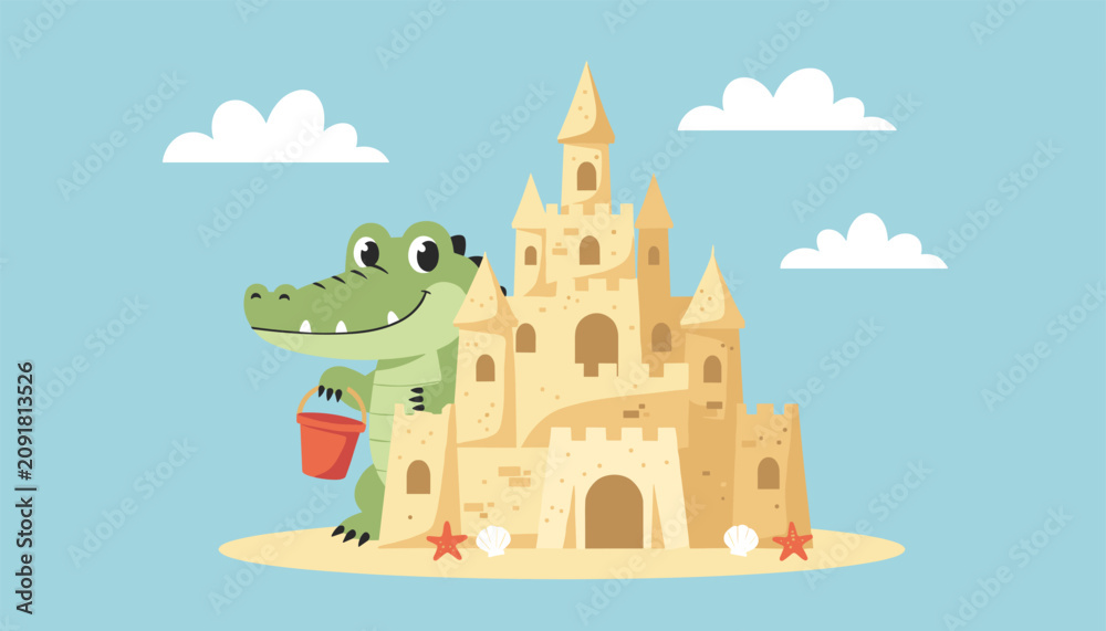 Fototapeta premium Cute cartoon crocodile holding a red bucket stands proudly next to a large sandcastle built on a sandy tropical beach.