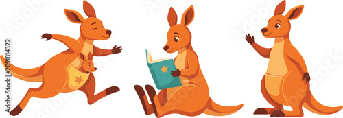 Canvastavla Cute cartoon kangaroo character vector illustration set, running joey mother, re