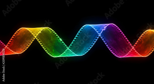 Rainbow film strip twisting in a spiral digital art abstract dark background
