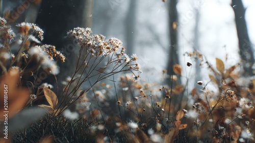 serene autumn woodland scene with fallen leaves and misty atmosphere capturing nature's quiet beauty