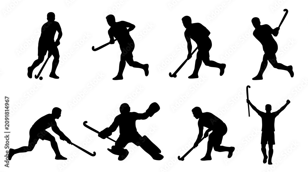 Fototapeta premium Set of eight black silhouettes of field hockey players in various dynamic poses on a white background, including a goalkeeper in action and a