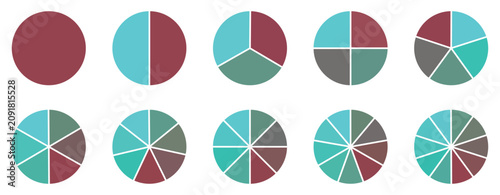 Pie chart set, Circle icons for infographic. Colorful diagram collection with ,3,4,5,6,7,8 sections and steps. Pie chart for data analysis, business presentation, UI, web design. Vector illustration.