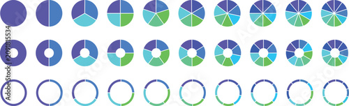 Pie chart color icons. Segment slice sign. Circle section graph. 1,2,3,4,5,6,7,8 segment infographic. UI, web design, business presentation. Vector illustration. 