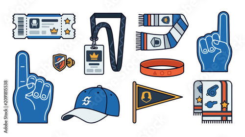 Collection of sports fan accessories and symbols in blue and white colors