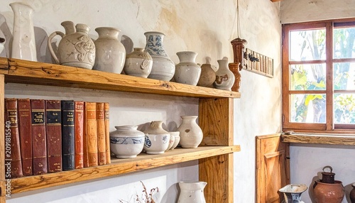 Traditional wooden shelf with vintage ceramic and glassware collection.