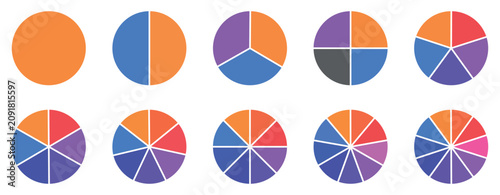 Circle division on from 1 to 14 equal parts. Wheel life round divided diagrams with segments. Blank infographic progress blue icons. Coaching flat tool. Segmented simple pinwheels.