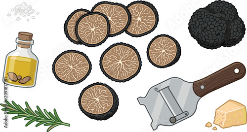 Fotografie Black Truffle Mushroom Vector Illustration Set with Slices Shaver Slicer Oil Bot