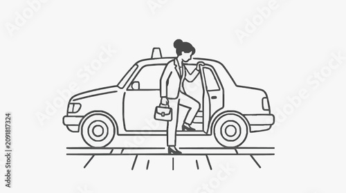 Foto Professional Black and White Line Drawing of Woman Getting Out of Car with Lugga