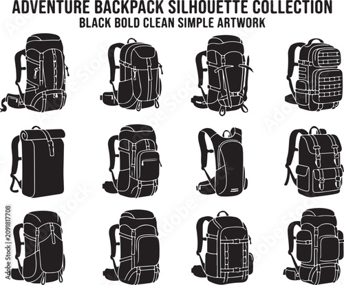 Adventure backpack silhouette collection, black bold simple icons, clean minimalist travel bags, vector illustrations