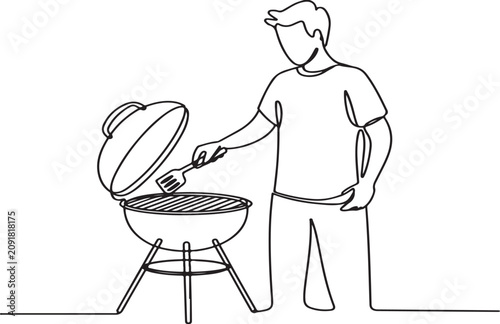 Single-line art illustration featuring a man or chef preparing food on Charcoal Grill Line Art Illustration