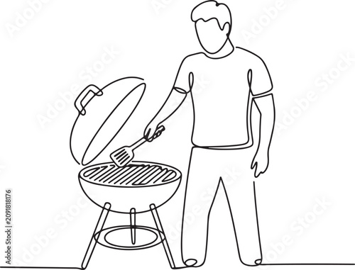Single-line art illustration featuring a man or chef preparing food on Charcoal Grill Line Art Illustration