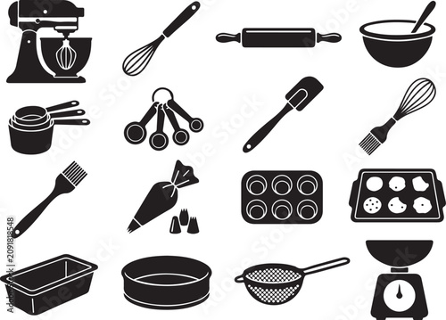 Baking icons, kitchen utensils, cooking tools, black and white vector graphics