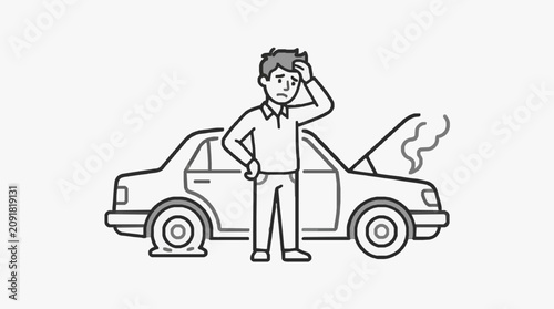 Quadro su tela Professional Line Drawing of Frustrated Person Standing Beside Broken Down Car w