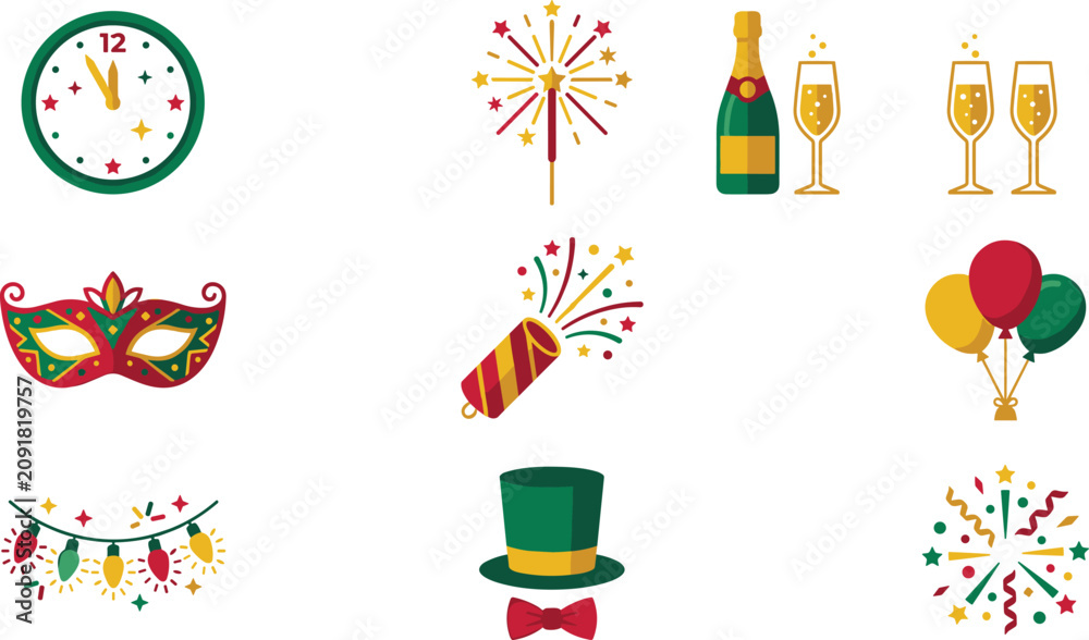 Obraz premium New Year celebration vector icon set featuring midnight countdown clock, champagne bottle, party popper, fireworks sparkler, carnival mask, balloons, and festive top hat.