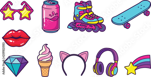 Obraz na płótnie Retro pop vector icon set featuring neon inline roller skates, skateboard, star sunglasses, soda can, red lips, diamond, and cat ear headband