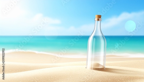 Clear glass water bottle on sandy beach with ocean backdrop.