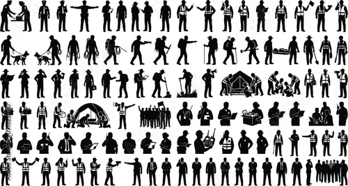 Cuadro en lienzo Large set of professional silhouettes featuring security officers police industr