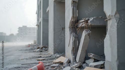 Damaged concrete building structure showing exposed rebar and debris scattered around the site