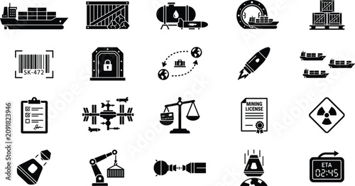 Bild auf Leinwand Space Logistics and Deep Universe Cargo Shipping Icon Set for SciFi Interstellar