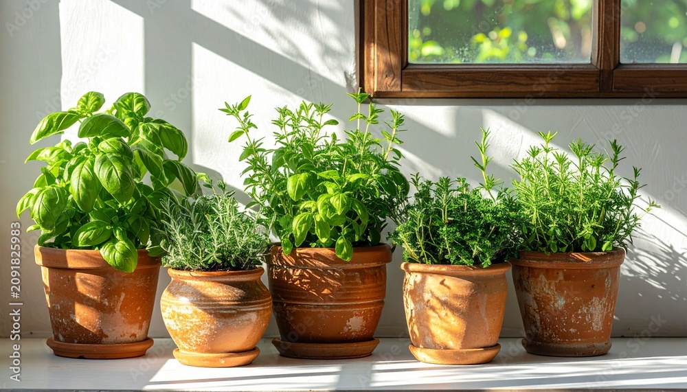 Fototapeta premium Rustic terracotta pots with green succulents indoors near window.
