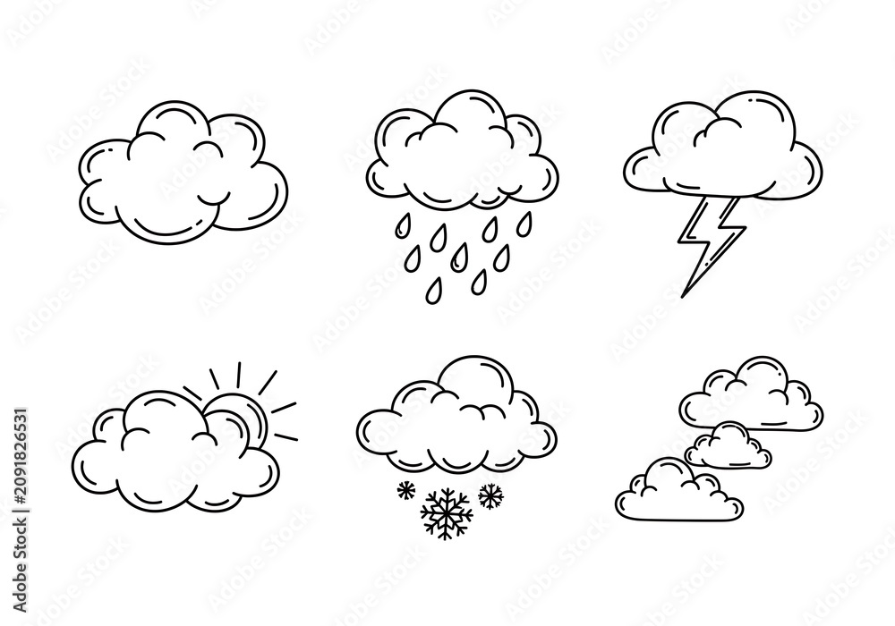 Obraz premium Whimsical Weather: Hand-Drawn Clouds of Sun, Rain, Snow, & Storm