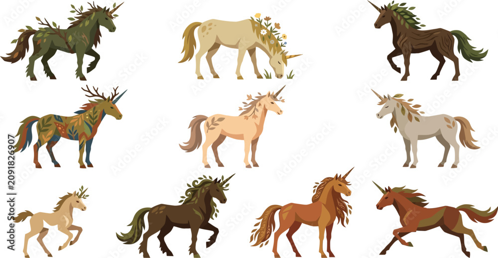 Obraz premium Collection of magical earth toned unicorns with floral and forest elements in a flat vector illustration style