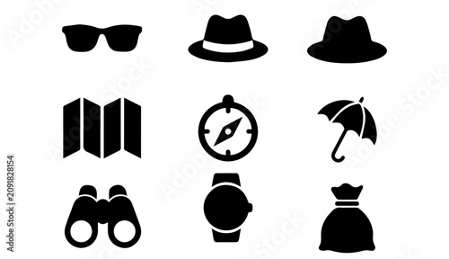 Spy Icons Set: Sunglasses, Hats, Map, Compass, Umbrella, Binoculars, Watch, Money Bag Vector Graphics