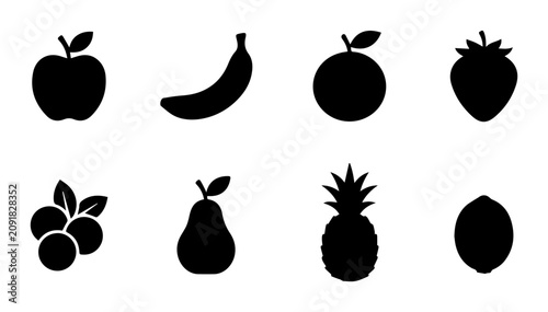 Minimalist Fruit Icons Set, Vector Silhouettes of Fresh Produce, Healthy Food Graphics for Design