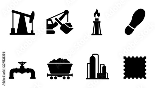Industrial Icons Set: Oil Pump, Excavator, Gas Flare, Footprint, Valve, Coal Wagon, Refinery, Fabric Swatch