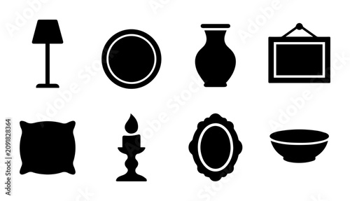 Home Decor Icons Set, Interior Design Elements, Furniture and Accessories Vector Graphics, Black and White Silhouettes