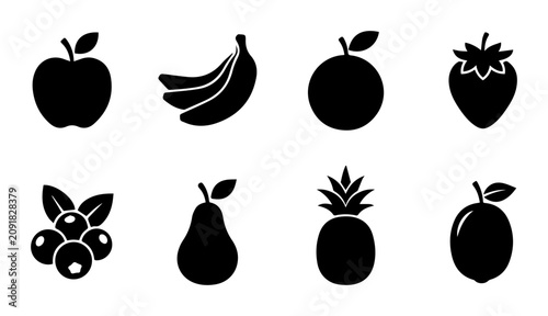 Set of 8 Black Fruit Icons, Simple Vector Graphics for Healthy Food and Diet Concepts