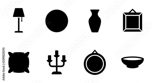 Home Decor Icons Set, Minimalist Black Furniture and Object Silhouettes, Vector Graphics for Interior Design