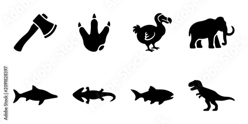 Extinct Animals and Prehistoric Icons, Vector Silhouette Collection