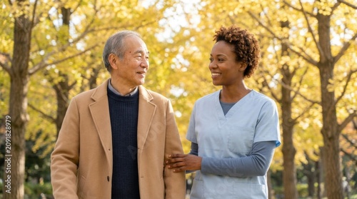 Intergenerational companionship as a gray-haired gentleman strolls beside a smiling care professional beneath luminous golden foliage, sharing trust, mobility support, and seasonal wellbeing outdoors