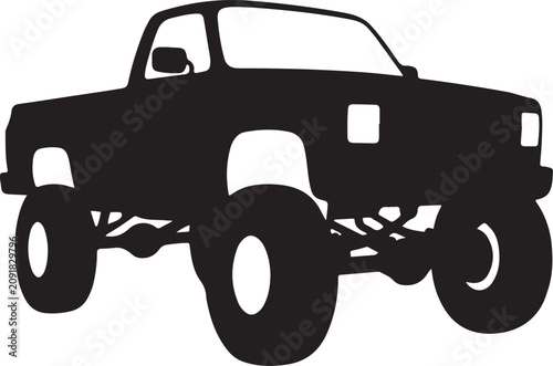 Black monster truck silhouette, big wheel off-road vehicle, automotive icon, vector graphic