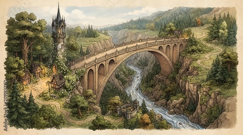 Storybook fantasy map of an elegant Elven arched stone bridge and a watchtower covered in white roses, textless and borderless.