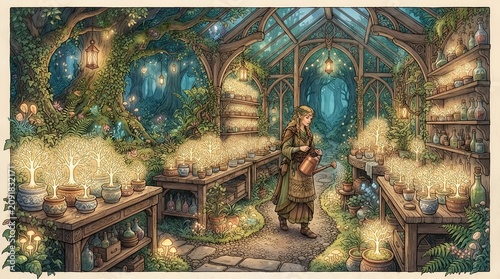 Beautiful fantasy illustration of an Elven tree nursery with glowing white tree saplings and a druid elf, without any text or borders.