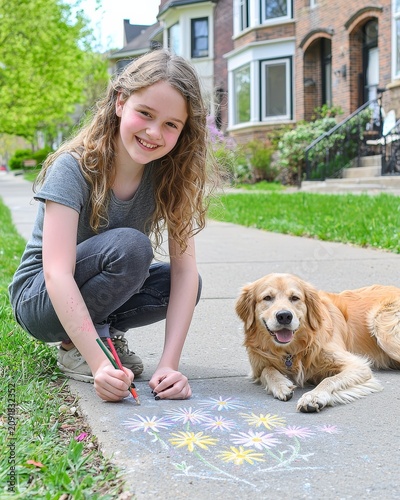 Cheerful Girl Drawing Daisies with Chalk Next to Her Dog on a Sunny Day