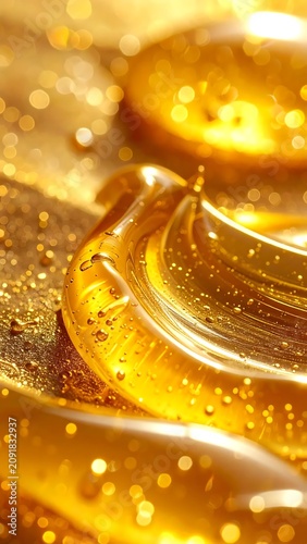 Glowing Golden Liquid Swirling with Tiny Bubbles in Abstract Macro Background