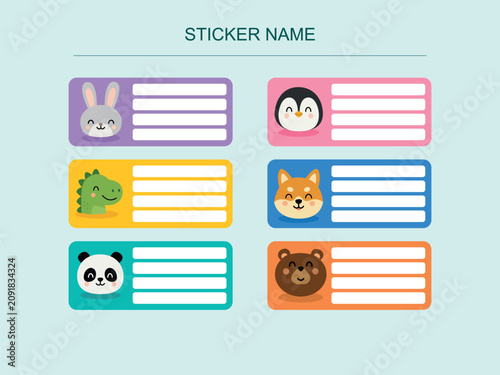 Set of school name stickers featuring animals