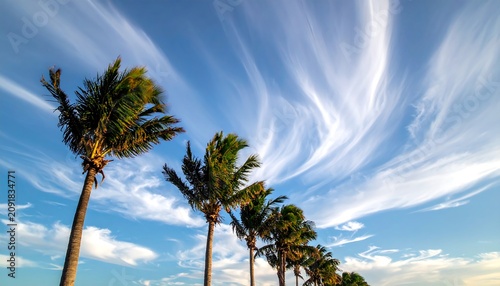 Windblown Tropical Palm Trees Beneath Dramatic Wispy Clouds in Blue Coastal Sky
