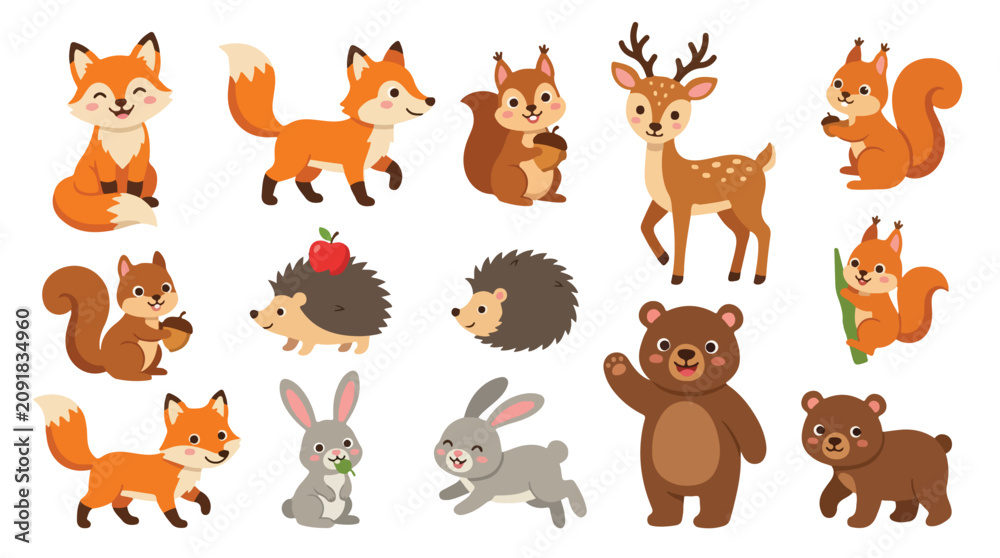 Obraz premium Collection of cute forest animals including foxes, deer, hedgehog, bear, and rabbit